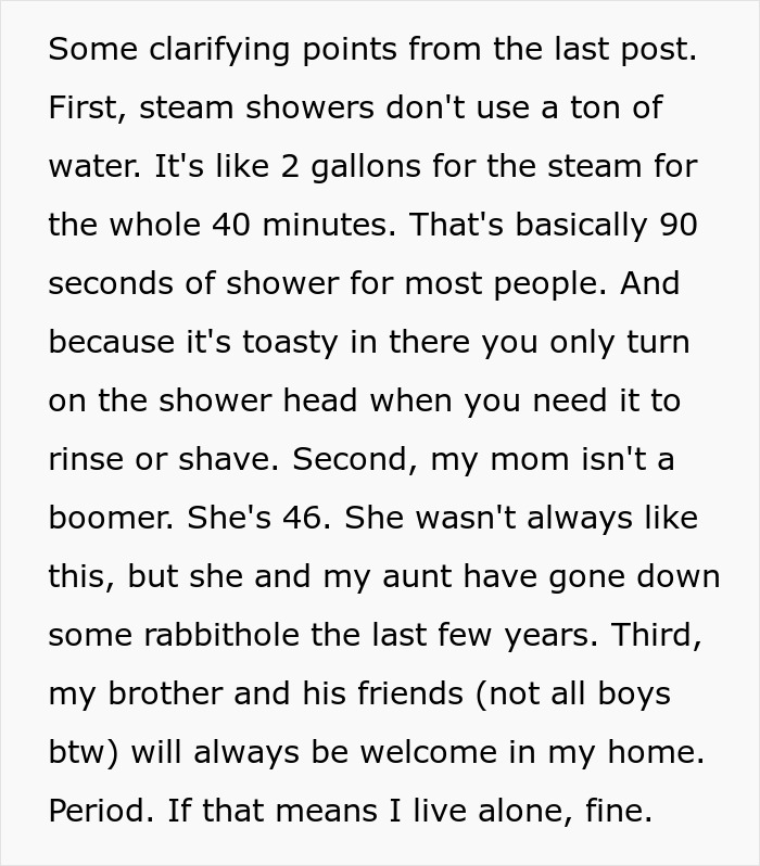 Close-up of a text post about steam showers, family and boundaries, referencing boyfriend red flags