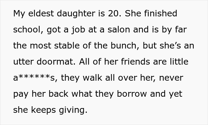 Text excerpt from a dad describing his eldest daughter as stable but taken advantage of by friends, reflecting on his children&rsquo;s failures.