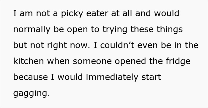 Text excerpt about gagging reaction to expired food in a pantry, highlighting issues with expired food from 1999.