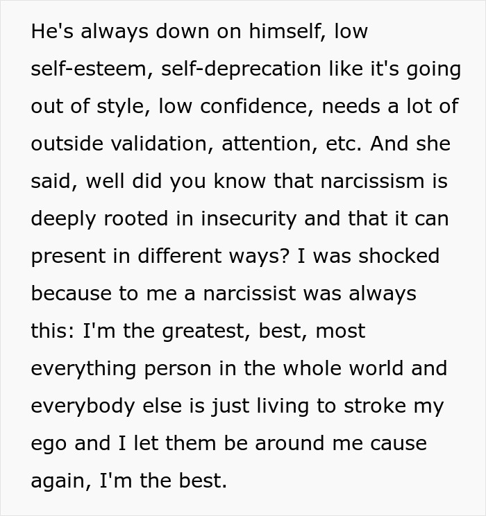 Text discussing low self-esteem, narcissism rooted in insecurity, and different ways it can present in behavior.