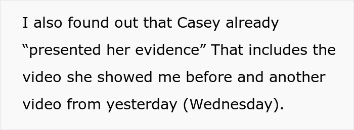 Text on a white background discussing evidence including videos shown to prove a coworker's disability status.