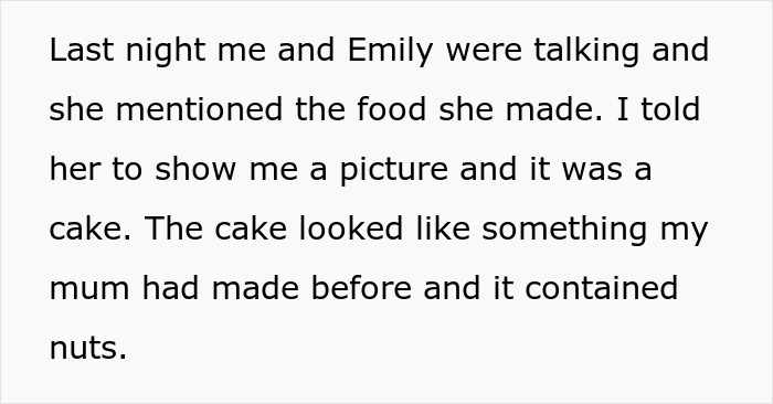 Text on a screen describing a conversation about a homemade cake containing nuts, highlighting food allergy restrictions.