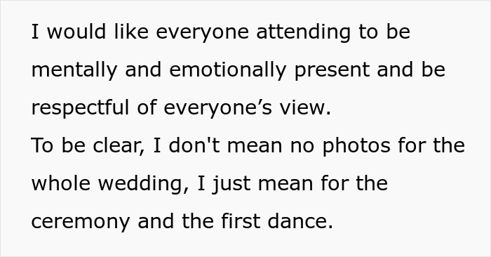Text about bride setting photo rules for ceremony and first dance, addressing MIL trying to hijack venue and dress drama.