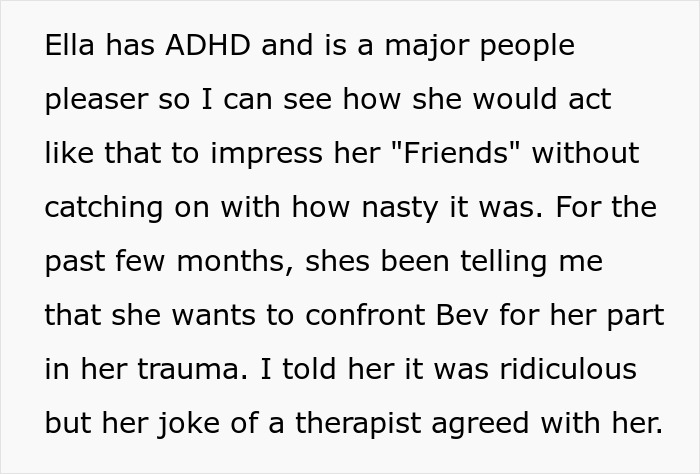 Text excerpt discussing Ella's behavior, ADHD, people-pleasing, and her intention to confront her bully, affecting relationships. Text excerpt discussing Ella's behavior, ADHD, people-pleasing, and her intention to confront her bully, affecting relationships.