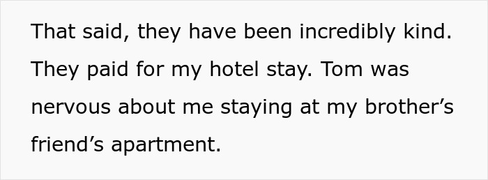 Text excerpt showing a woman explaining kindness received after a family situation involving a cousin engagement discovery.