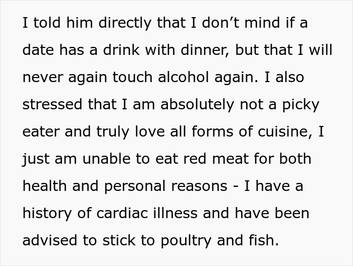 Text explaining a recovering alcoholic setting boundaries about alcohol and dietary preferences on a date, avoiding bars. Text explaining a recovering alcoholic setting boundaries about alcohol and dietary preferences on a date, avoiding bars.