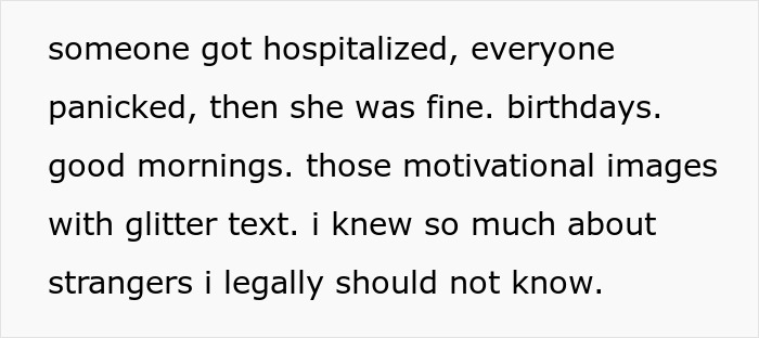 Text excerpt from a random family group chat showing emotional investment and personal updates over seven months.