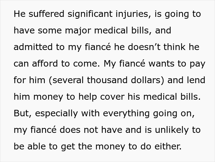 Text discussing fiance struggling with money to cover medical bills and wedding expenses for a friend. Text discussing fiance struggling with money to cover medical bills and wedding expenses for a friend.