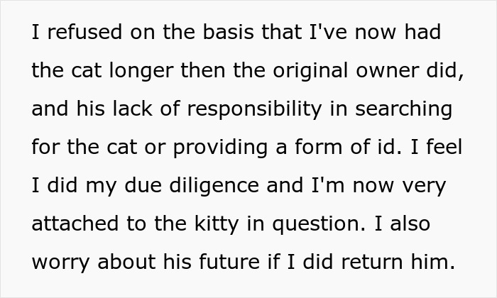 Text discussing a lost cat’s journey from street survivor to family member despite the original owner demanding him back years later. Text discussing a lost cat’s journey from street survivor to family member despite the original owner demanding him back years later.