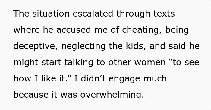 Text describing a toxic guy accusing his wife of cheating and disrespecting her autonomy through escalating texts.