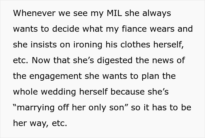 Text about mother-in-law controlling fianc&eacute;&rsquo;s clothes and planning wedding, highlighting family tension and parenting conflicts.