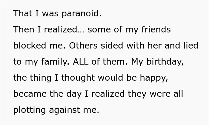Text description showing a birthday betrayal story where a girlfriend and her male bestie plan a cruel prank to humiliate boyfriend.
