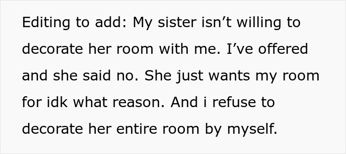 Text excerpt about a teen refusing to help decorate her sister&rsquo;s room, affecting sibling dreams.