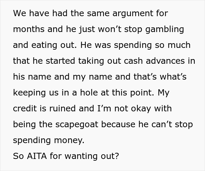 Wife blames financial problems on husband’s gambling, faces pressure to get a job, leading to divorce decision.