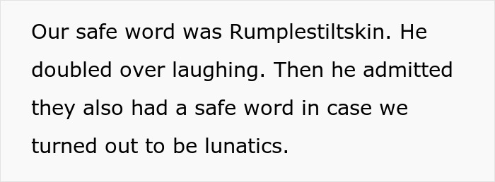 Text excerpt about safe words and laughter in a humorous restaurant interaction leading to a unique pitch and patent. Text excerpt about safe words and laughter in a humorous restaurant interaction leading to a unique pitch and patent.