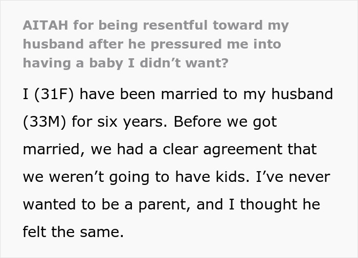 Screenshot of a forum post: mom resents husband and regrets becoming a parent after being pressured into having a baby. Screenshot of a forum post: mom resents husband and regrets becoming a parent after being pressured into having a baby.