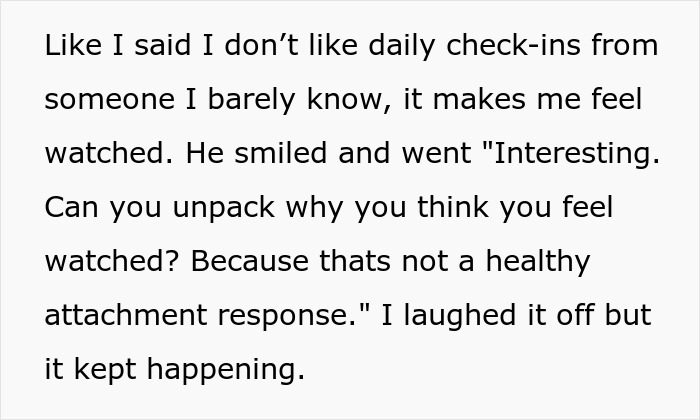 Text excerpt showing a woman describing discomfort with daily check-ins turned into therapy battles about attachment responses. Text excerpt showing a woman describing discomfort with daily check-ins turned into therapy battles about attachment responses.