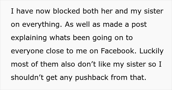 Text about blocking sister and mom on social media after mom tries to force inclusion of sister&rsquo;s kids at wedding.