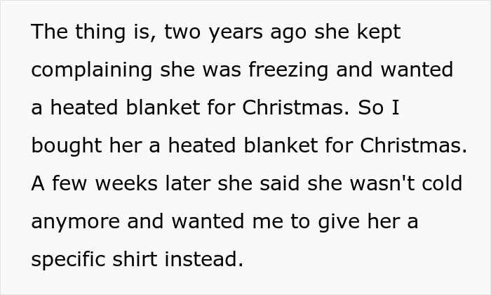 Text excerpt about gifting a heated blanket for Christmas and sibling later preferring a shirt Text excerpt about gifting a heated blanket for Christmas and sibling later preferring a shirt