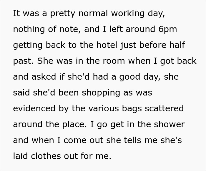 Text excerpt describing a man&rsquo;s business trip and his girlfriend misunderstanding it as a romantic getaway.