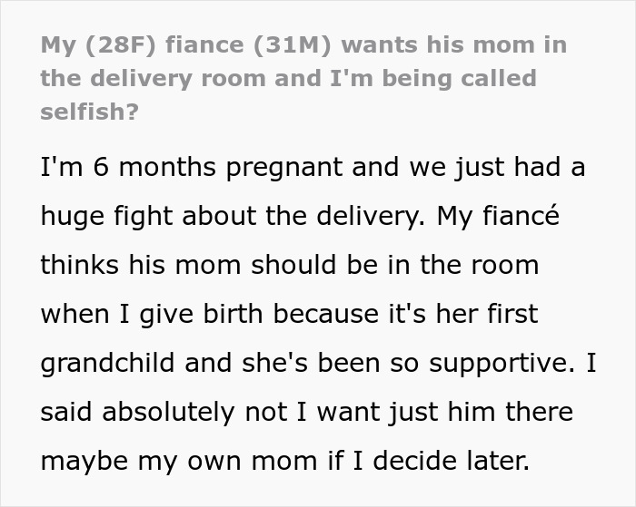 Pregnant woman refusing fianc&eacute;&rsquo;s mom in delivery room, leading to a request to compromise over birth presence.