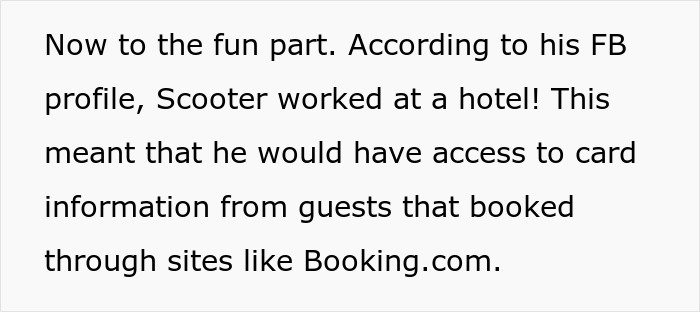 Text excerpt explaining a scammer’s hotel job gave access to guest card info for laundering schemes. Text excerpt explaining a scammer’s hotel job gave access to guest card info for laundering schemes.