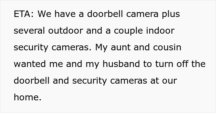 Text excerpt about aunt requesting to turn off doorbell and security cameras at family home for privacy concerns.
