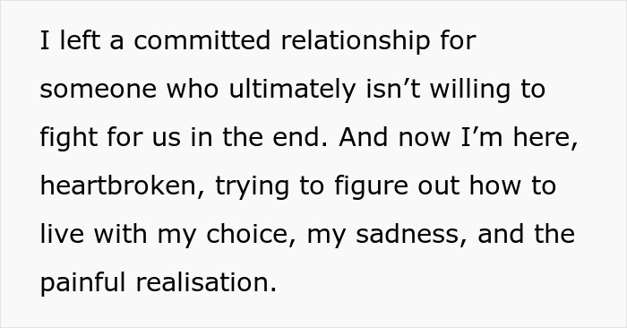 Text about woman feeling heartbroken after affair partner leaves, admitting defeat by karma and facing sadness.