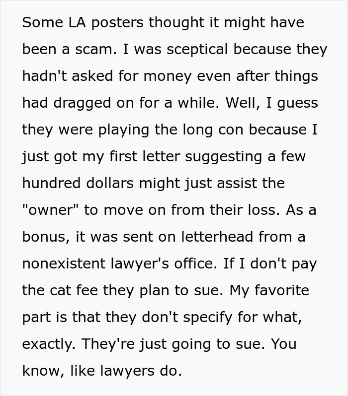 Text about a lost cat scam involving fake owner demands and a letter from a nonexistent lawyer’s office threatening to sue.