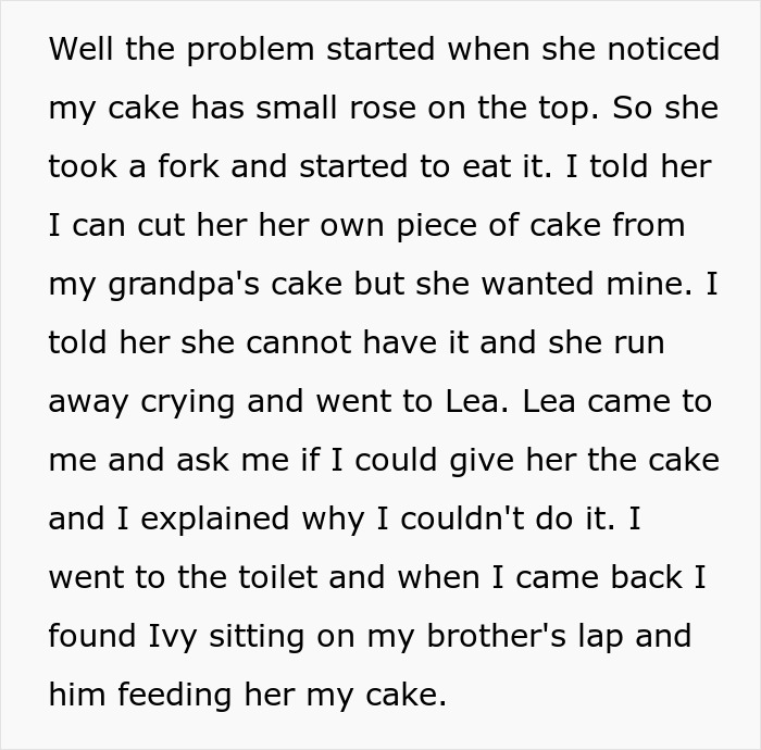 Text describing a story about refusing to give food to a little niece, involving a cake and a family conflict.