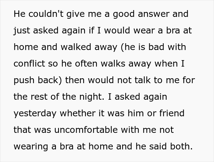 Text excerpt about woman not wearing a bra at home causing discomfort and conflict with husband over it.