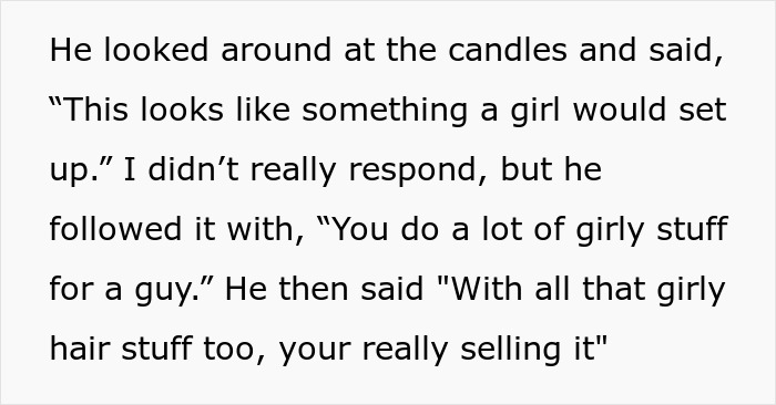 Text excerpt showing a bald and divorced man shaming nephew for having long hair and cooking for girlfriend. Text excerpt showing a bald and divorced man shaming nephew for having long hair and cooking for girlfriend.