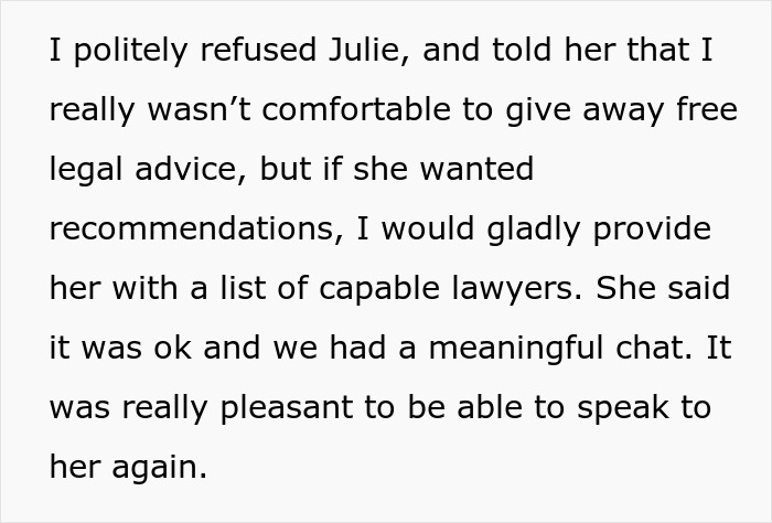 Text showing polite refusal to give free legal advice to friends to protect new career and see true colors.