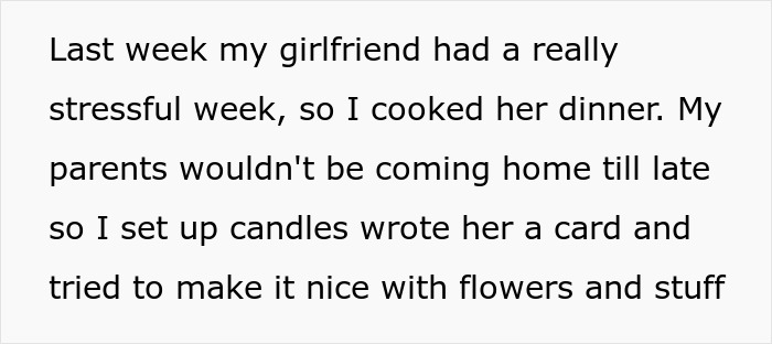 Text message about cooking dinner with candles and a card during stressful week, highlighting nephew with long hair and cooking skills. Text message about cooking dinner with candles and a card during stressful week, highlighting nephew with long hair and cooking skills.