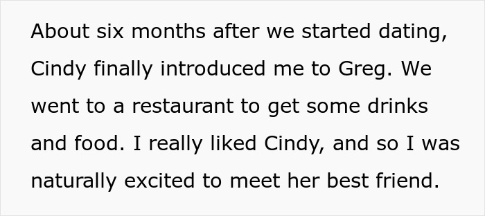 Text excerpt describing meeting a male bestie at a restaurant after six months of dating, highlighting initial excitement. Text excerpt describing meeting a male bestie at a restaurant after six months of dating, highlighting initial excitement.