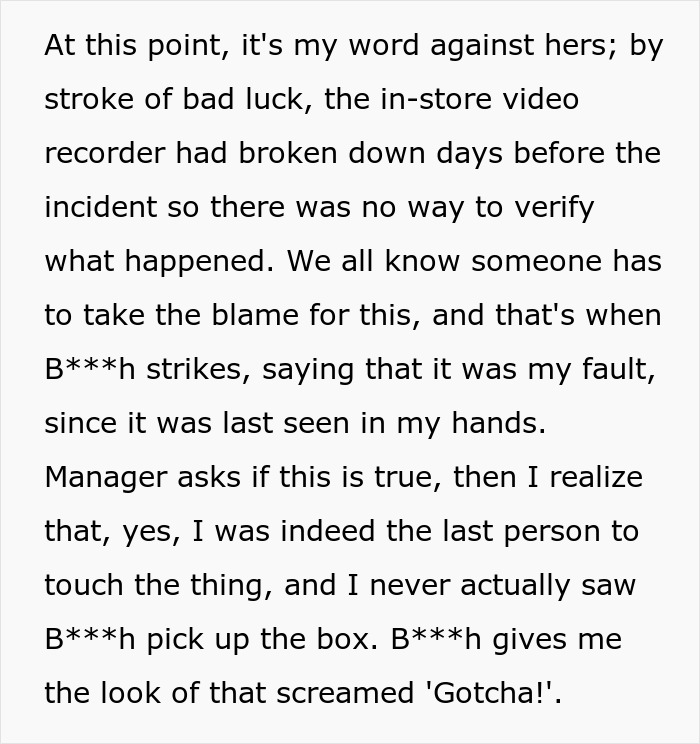 Text excerpt describing a coworker framing someone leading to wrongful blame and fired revenge reckoning beginning.