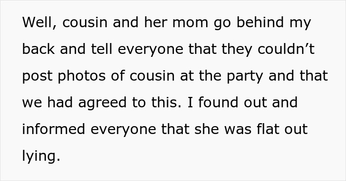 Text excerpt discussing family drama involving cousin and mom about posting photos, related to aunt camera family parole.