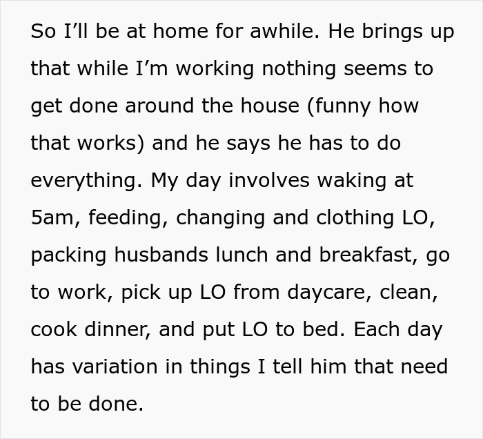 Text post describing a working wife&rsquo;s busy day managing childcare, household tasks, and a man-child husband&rsquo;s complaints.