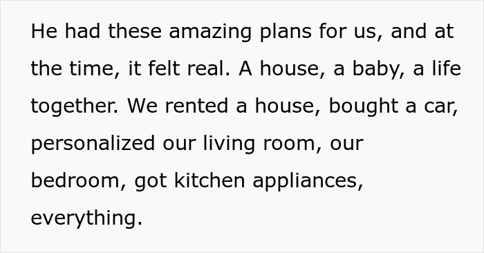 Text excerpt describing a woman’s emotional story after her affair partner leaves her, reflecting on karma and betrayal.