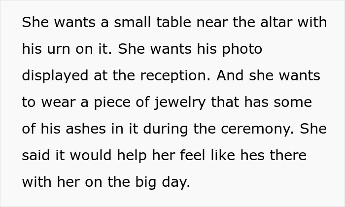 Alt text: Bride plans engagement ceremony with late boyfriend&rsquo;s ashes in jewelry and urn near altar to feel his presence.