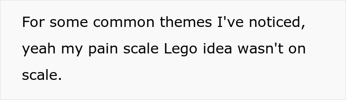 Text on a white background discussing a pain scale Lego idea not being on scale for common themes noticed.
