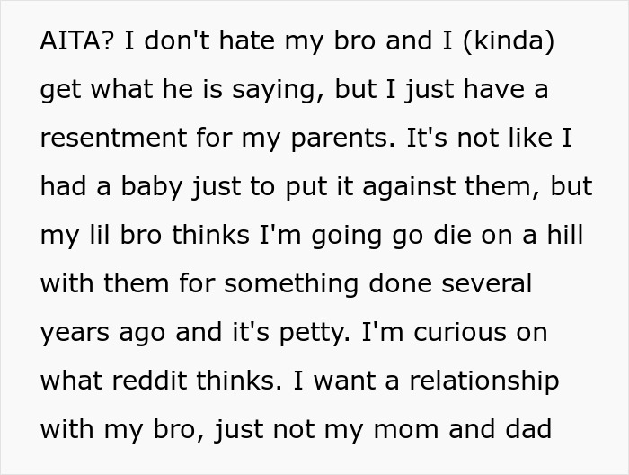 Text post about a woman refusing to let her parents see her baby due to a 15-year-old issue causing family resentment.