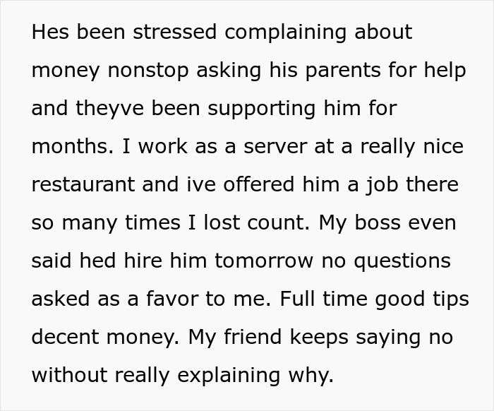 Screenshot of a message about an unemployed guy refusing job offers, complaining about money and being supported by others. Screenshot of a message about an unemployed guy refusing job offers, complaining about money and being supported by others.