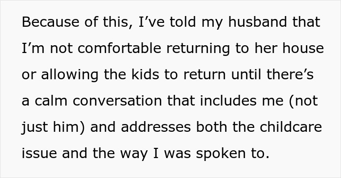 Text about woman horrified MIL didn't change kid's diaper all day, banning her from visiting until childcare issues are resolved.