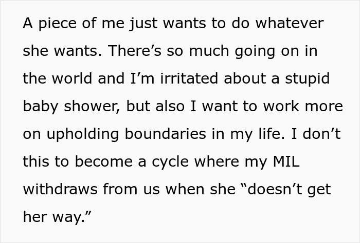 Text about setting boundaries after MIL’s inappropriate baby shower idea rejection causing tension and frustration.