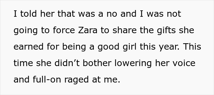 Text excerpt discussing a dad refusing to force his daughter to share Christmas presents with her half-brother.