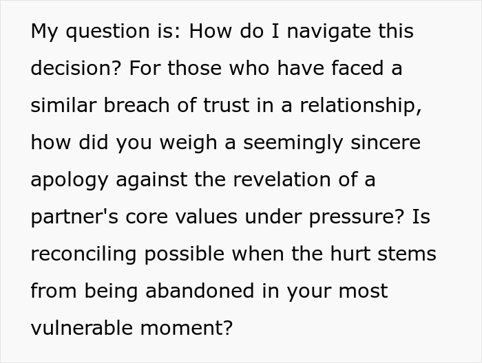 Text about navigating breach of trust in relationships and weighing apologies against partner’s core values under pressure. Text about navigating breach of trust in relationships and weighing apologies against partner’s core values under pressure.