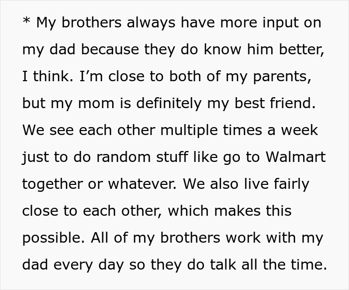 Text excerpt from a story about brothers too broke to pitch in for mom’s birthday gift while sister takes her out to dinner. Text excerpt from a story about brothers too broke to pitch in for mom’s birthday gift while sister takes her out to dinner.