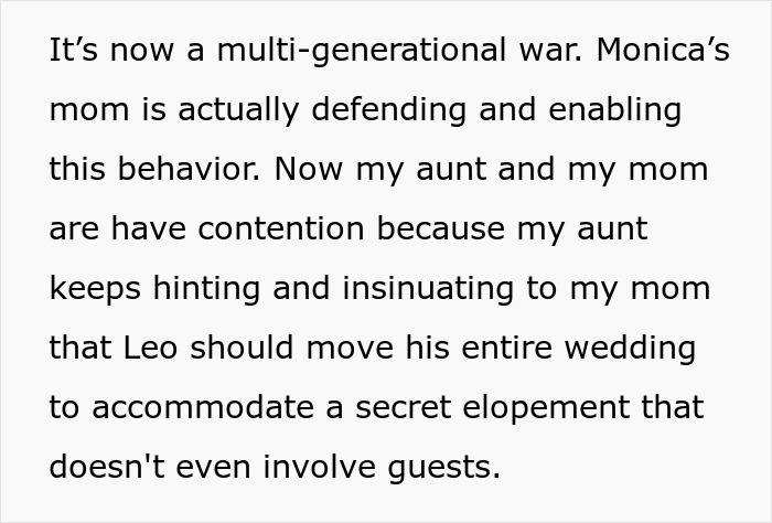 Text snippet showing family conflict over wedding date causing multi-generational contention and secret elopement adjustment demands. Text snippet showing family conflict over wedding date causing multi-generational contention and secret elopement adjustment demands.