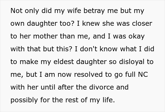 Text expressing a dad’s guilt over distancing himself from his daughter during a messy divorce amid feelings of disloyalty and betrayal.